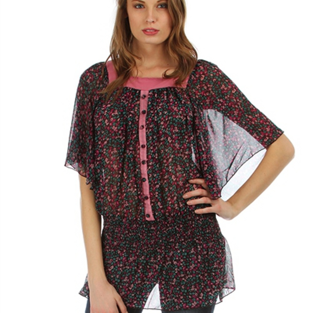 ROSE MAGENTA SHEER SQUARE NECK FLORAL PRINT TOP